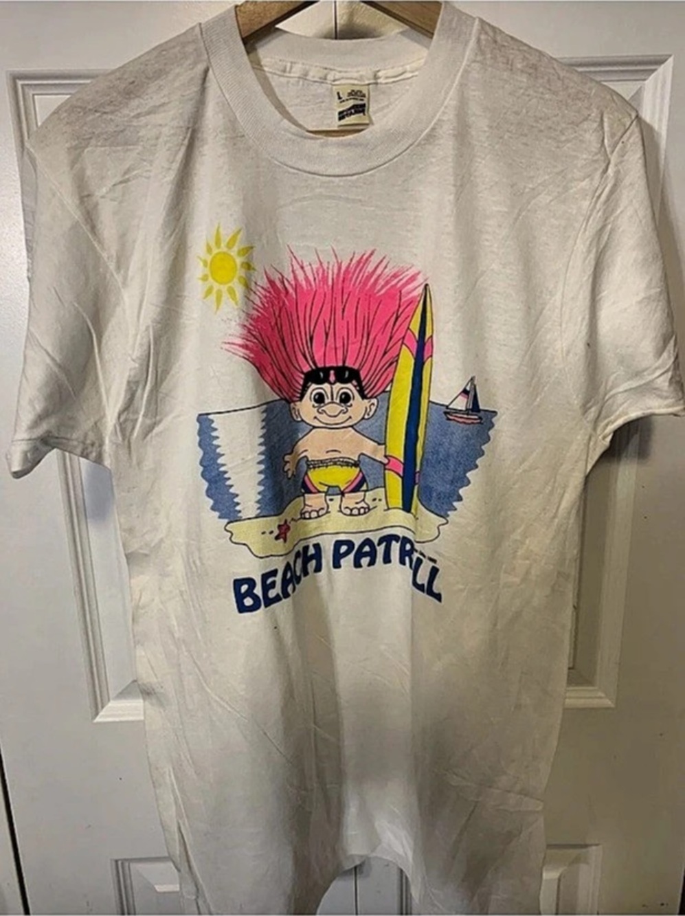 VINTAGE Beach Patroll T Shirt White Pink  Adult L Screen Stars 1992